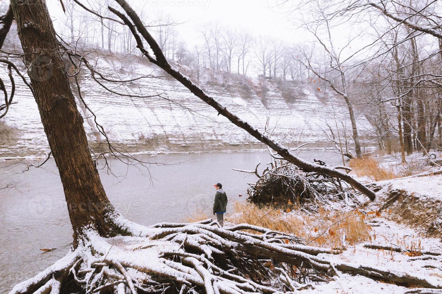 personne marchant près du rivage en hiver photo