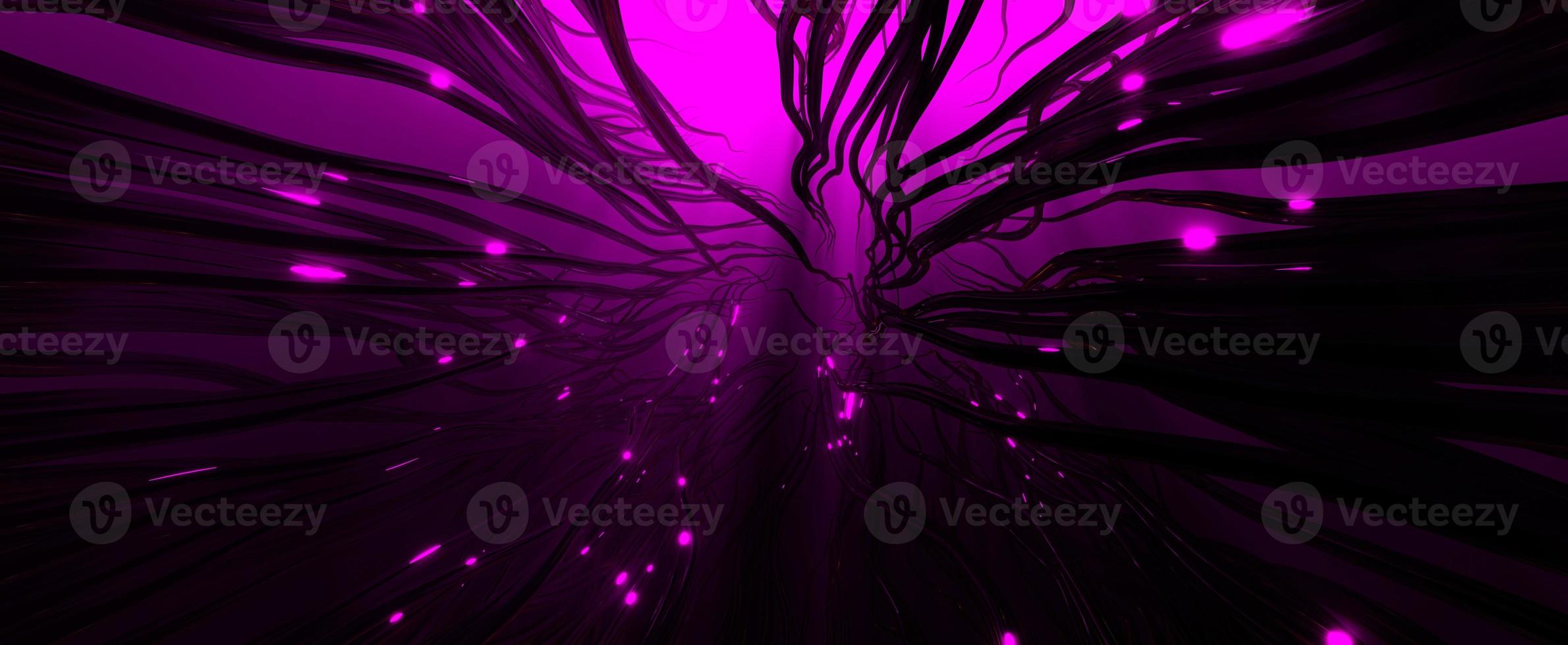 fils futuristes avec décharges violettes. des racines sinistres des profondeurs chargées de rendu 3d avec une puissante énergie de néon. tentacules d'un ancien monstre remontant à la surface photo
