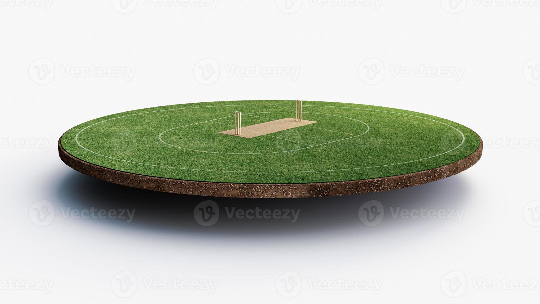 vue de face du stade de cricket sur le terrain de cricket ou le terrain de jeu de sport de balle, le stade d'herbe ou l'arène circulaire pour la série de cricket, la pelouse verte ou le terrain pour le batteur, le quilleur. illustration 3d de champ extérieur photo