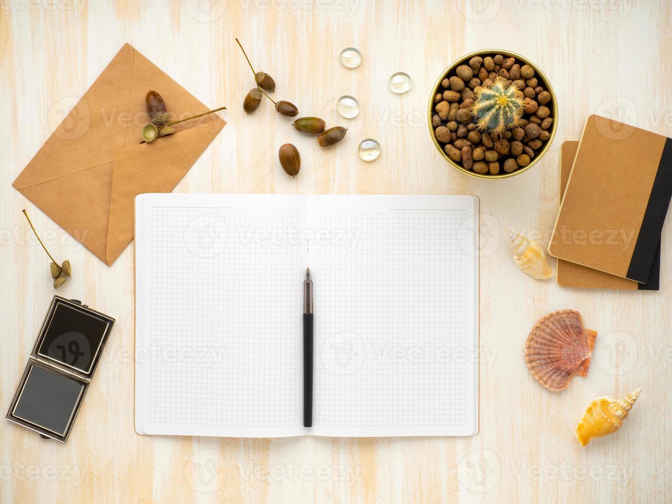bloc-notes ouvert blanc, enveloppe kraft et cactus en pot allongé sur un bureau en bois beige, plat photo