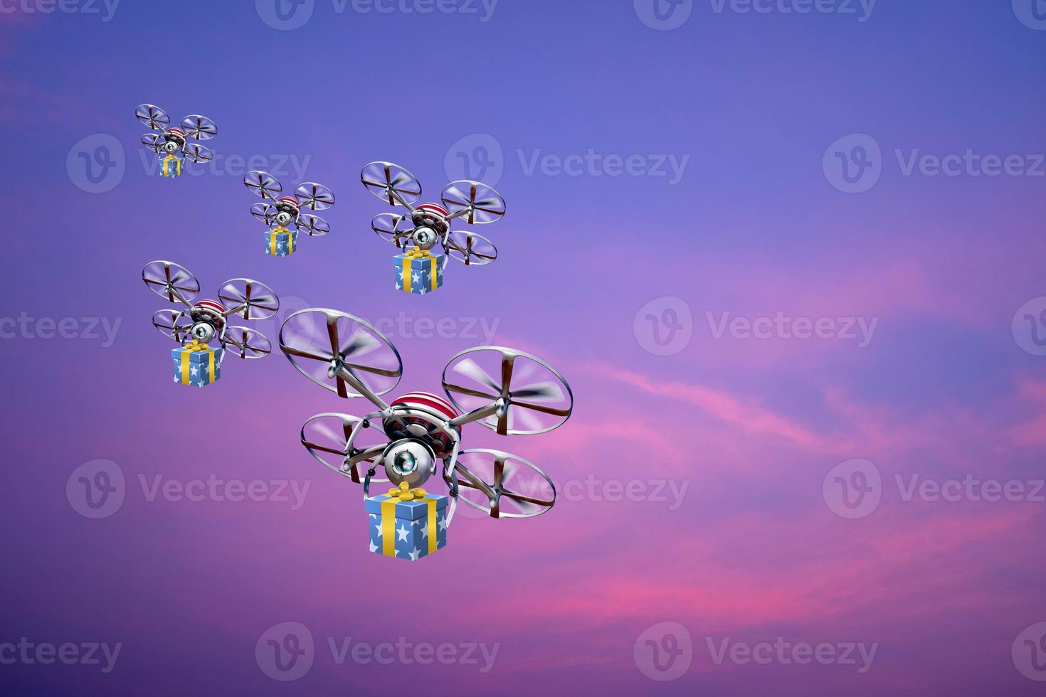 groupe de drones de livraison dans le calme ciel orange. nouveau concept de transport technologique. photo