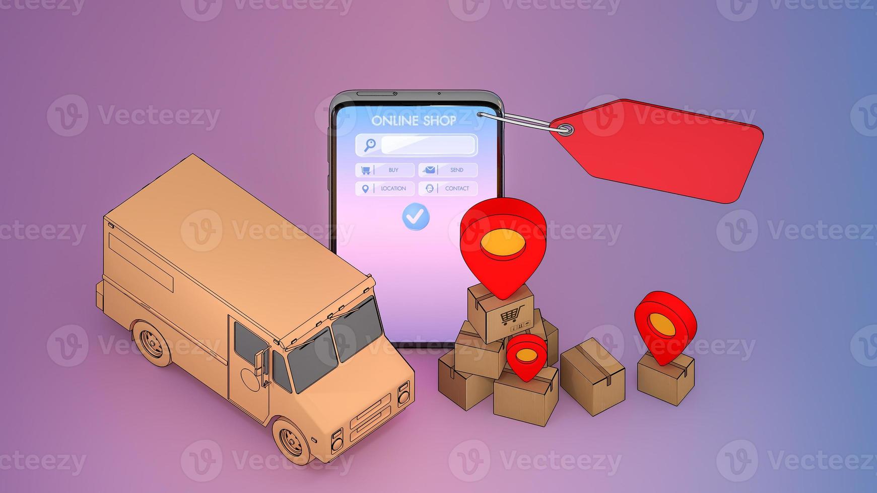 téléphone portable et camionnette avec de nombreux pointeurs de boîtes en papier et de broches rouges., service de transport de commande d'application mobile en ligne et concept d'achat en ligne et de livraison., rendu 3d. photo