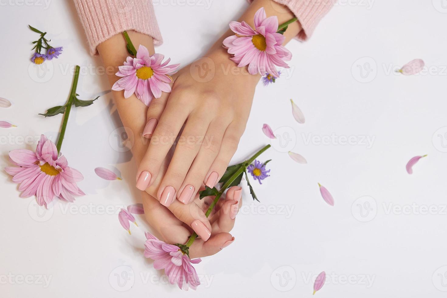 art de la mode soins de la peau des mains et des fleurs roses dans les mains des femmes photo