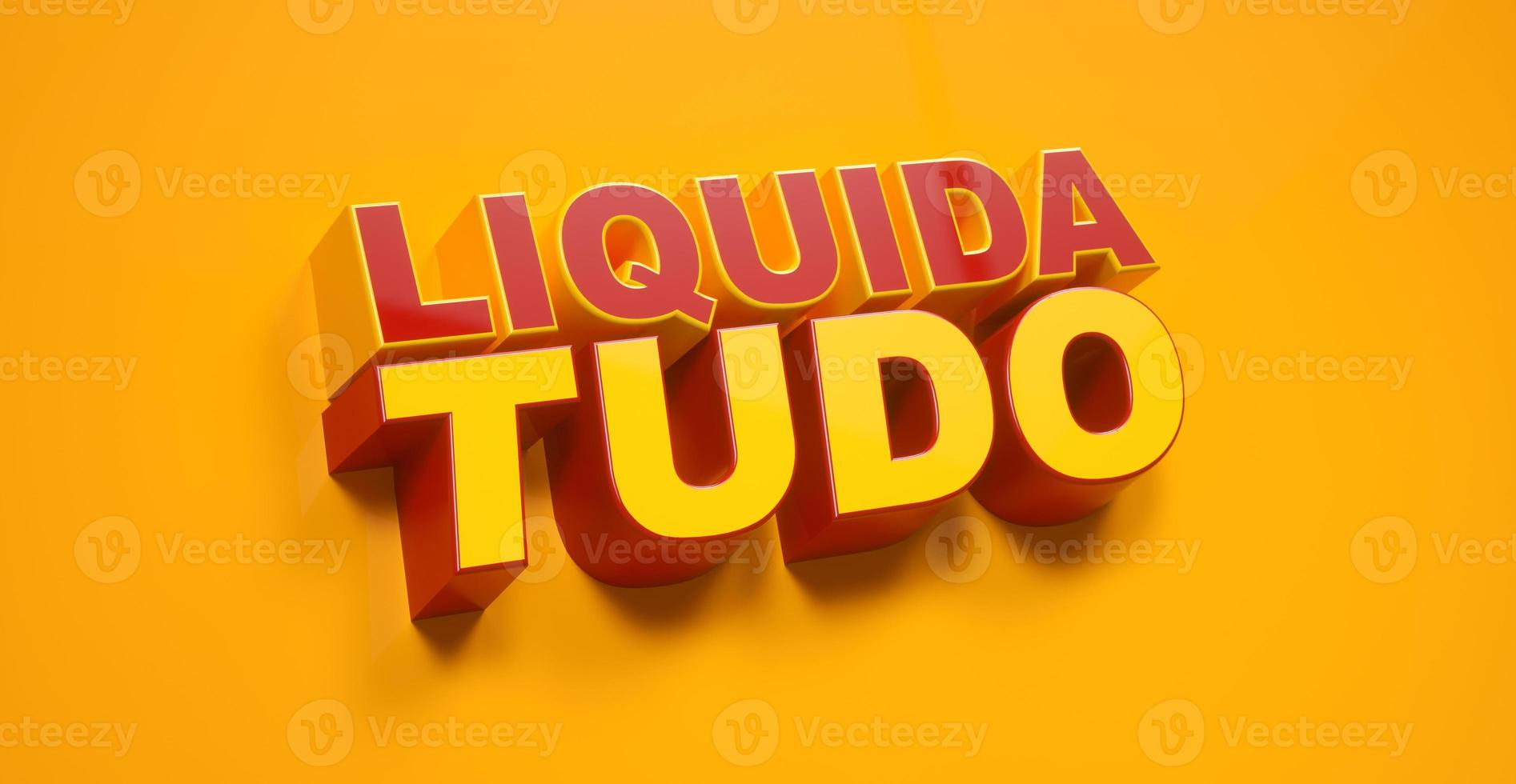 bannière publicitaire en portugais pour liquida tudo, règlement complet en anglais, offre de promotion de grande vente sur fond jaune. rendu 3d. photo