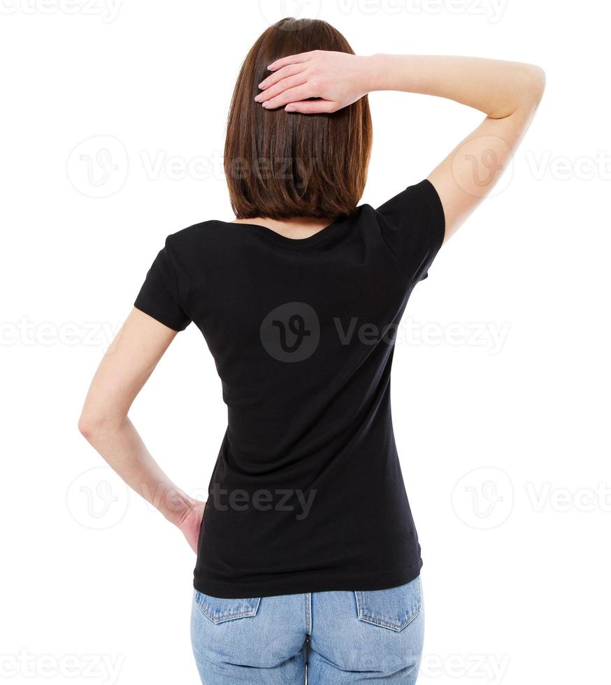 Femme en t-shirt élégant vue arrière isolé sur fond blanc, tshirt vierge photo