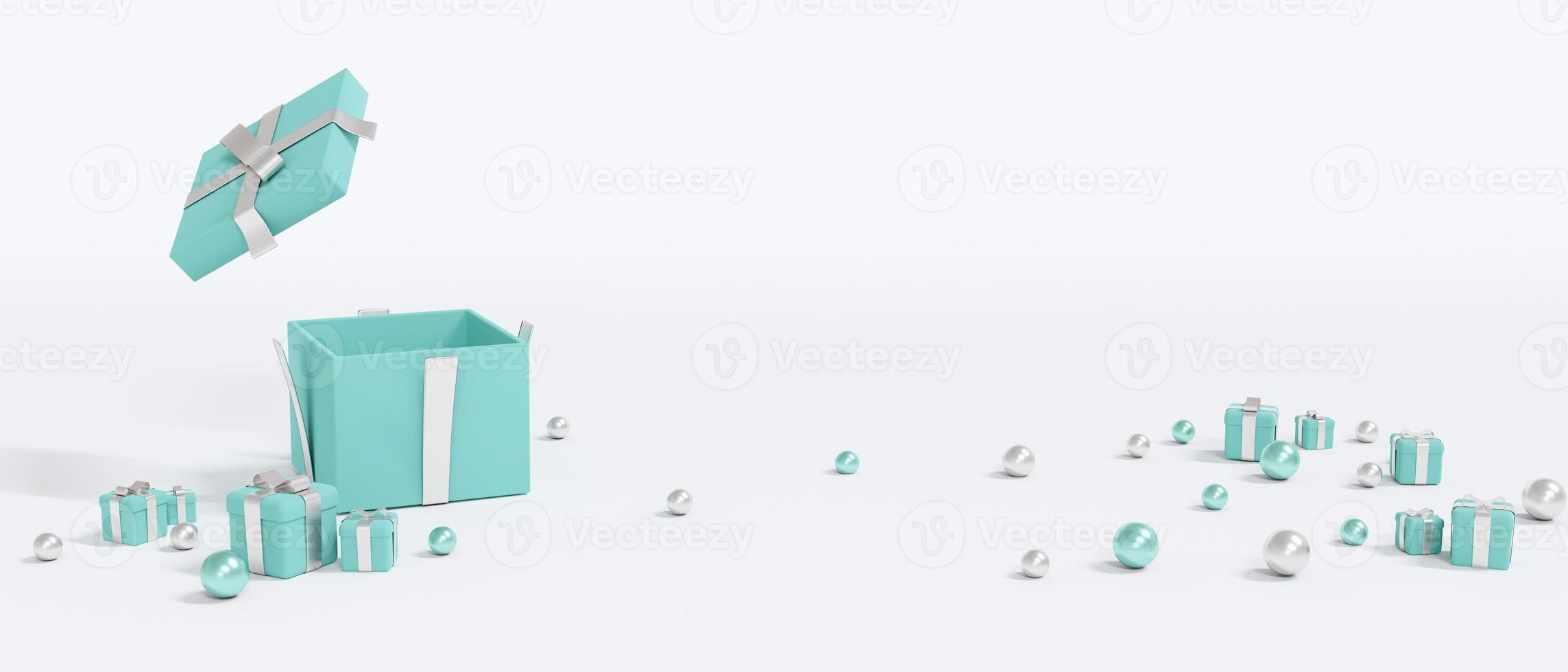 Concept de rendu 3d de vacances, mariage, fond de cadeau d'anniversaire. boîte cadeau bleue ouverte avec petit cadeau et élément de design commercial. vue de dessus boîte-cadeau vide sur fond long. rendu 3D. photo