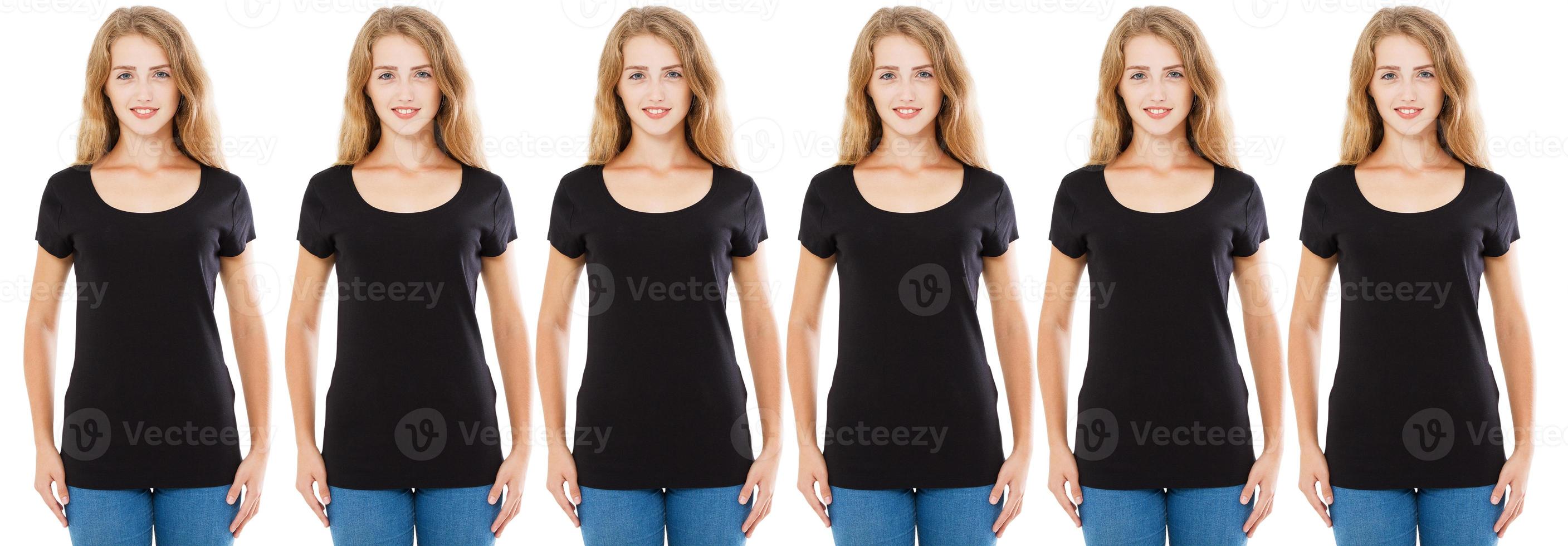 De nombreuses vues de face femme en t-shirt noir isolé sur blanc photo