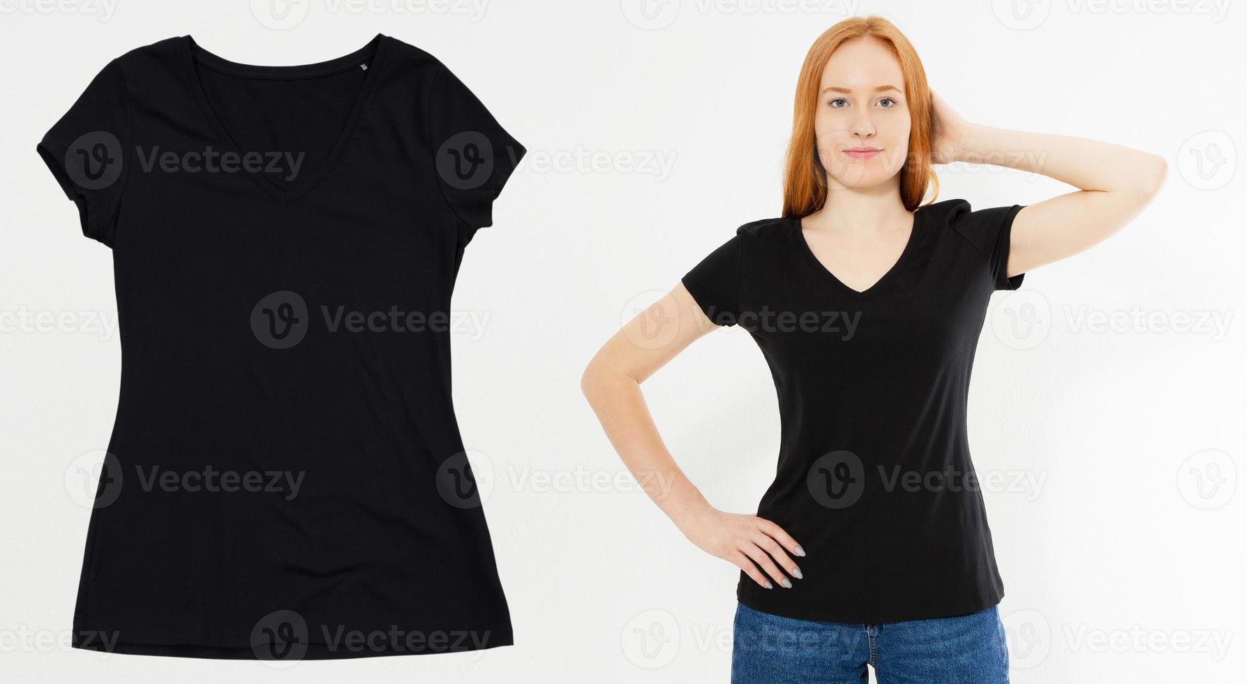 femme en t-shirt noir mock up isolé sur fond blanc, tshirt noir gros plan photo