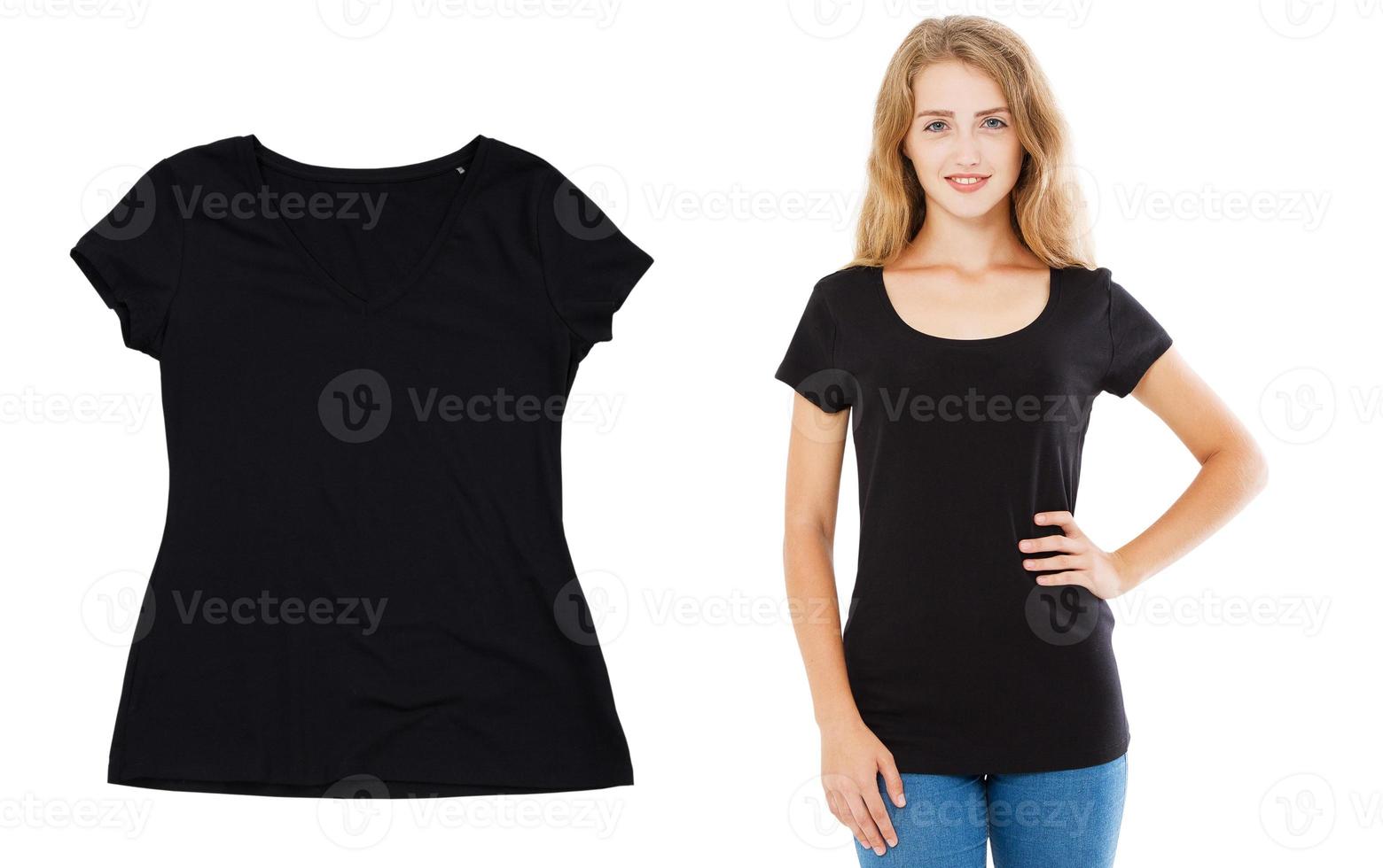 maquette de t-shirt noir gros plan sur blanc, fille en t-shirt vue de face photo