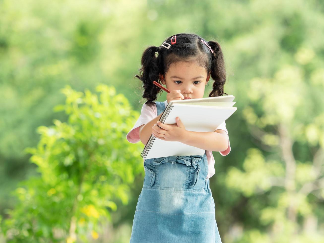 une fille asiatique se tient dans le parc et commence à peindre avec des crayons, ce qui est amusant à apprendre en dehors de l'école dans le parc naturel photo