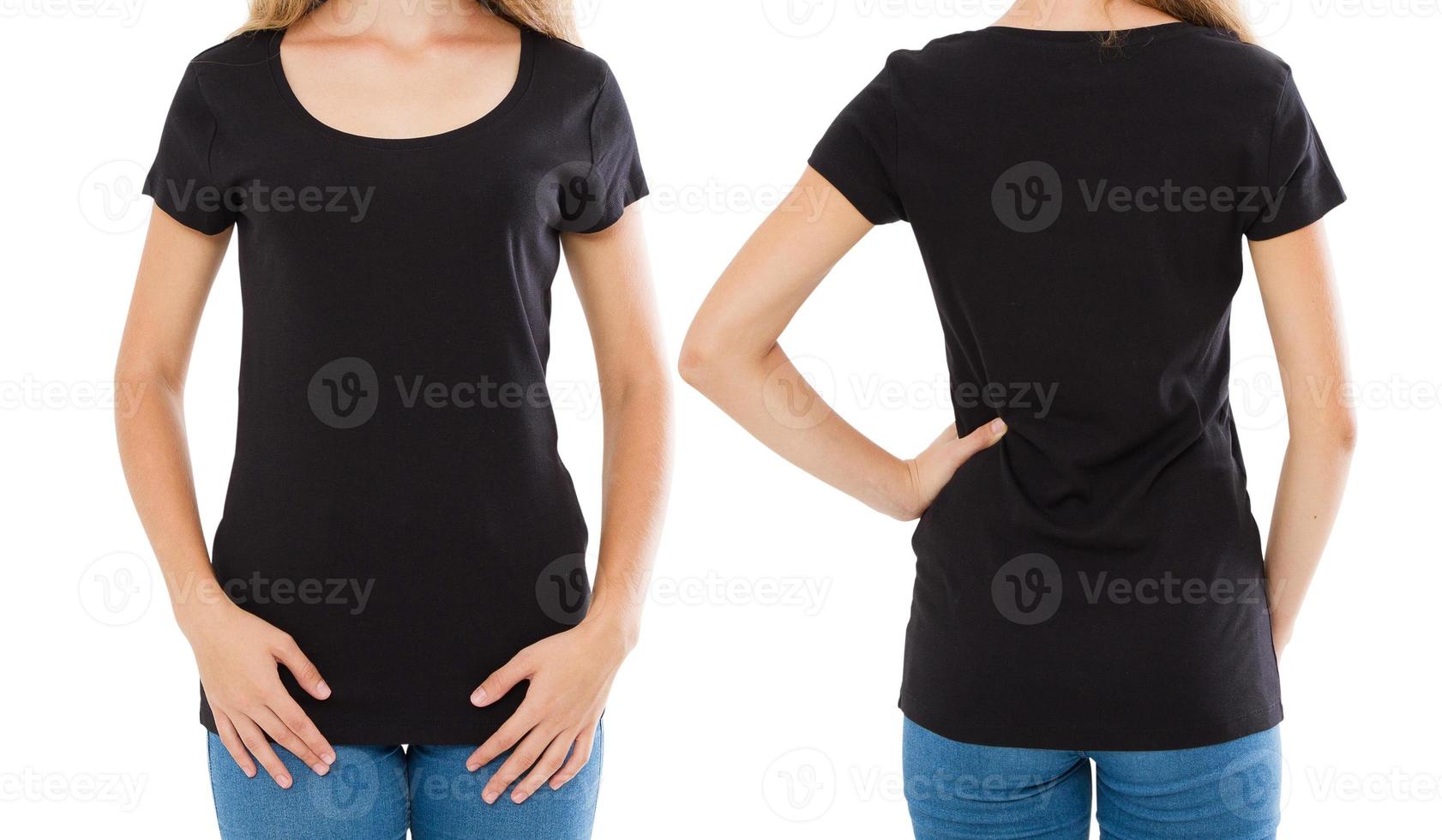 conception de t-shirt et concept de personnes - gros plan d'une jeune femme en t-shirt noir vierge, chemise avant et arrière isolées photo