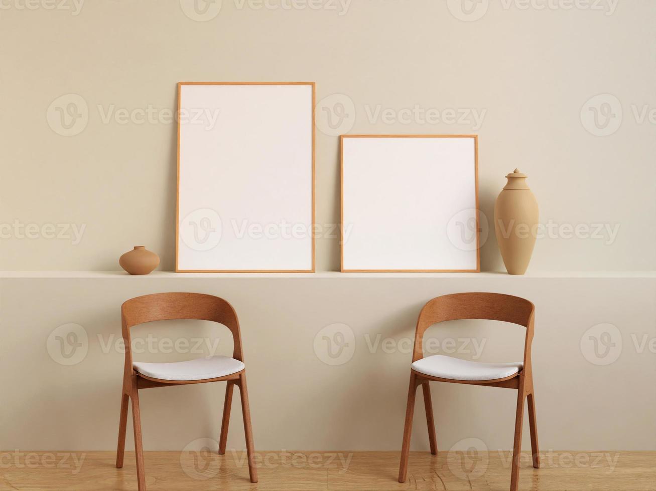 double affiche blanche moderne et minimaliste ou maquette de cadre photo sur le mur du salon. rendu 3d.