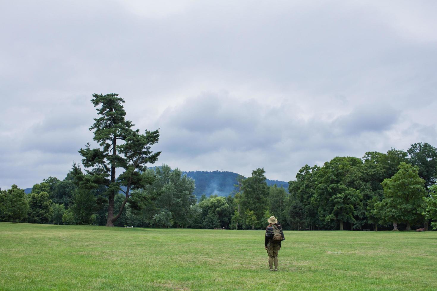 jeune femme en randonnée sur la prairie printanière, les montagnes et la forêt en arrière-plan photo