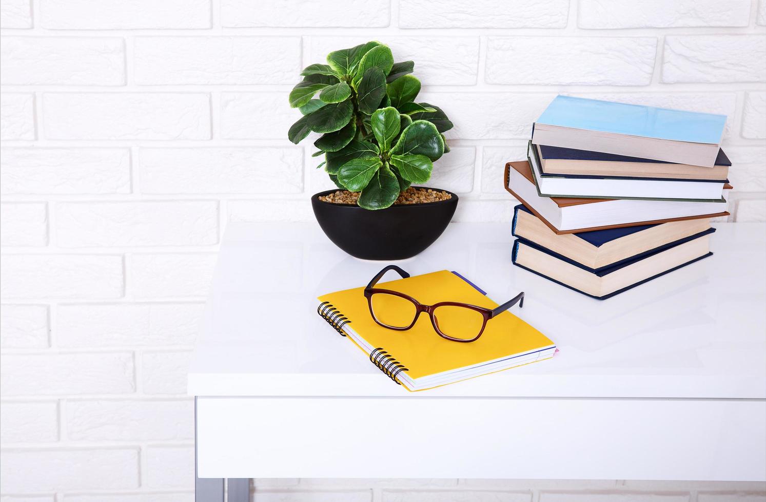 espace de travail avec accessoires éducatifs et plante verte sur la table. vue de dessus et espace de copie. mise au point sélective photo