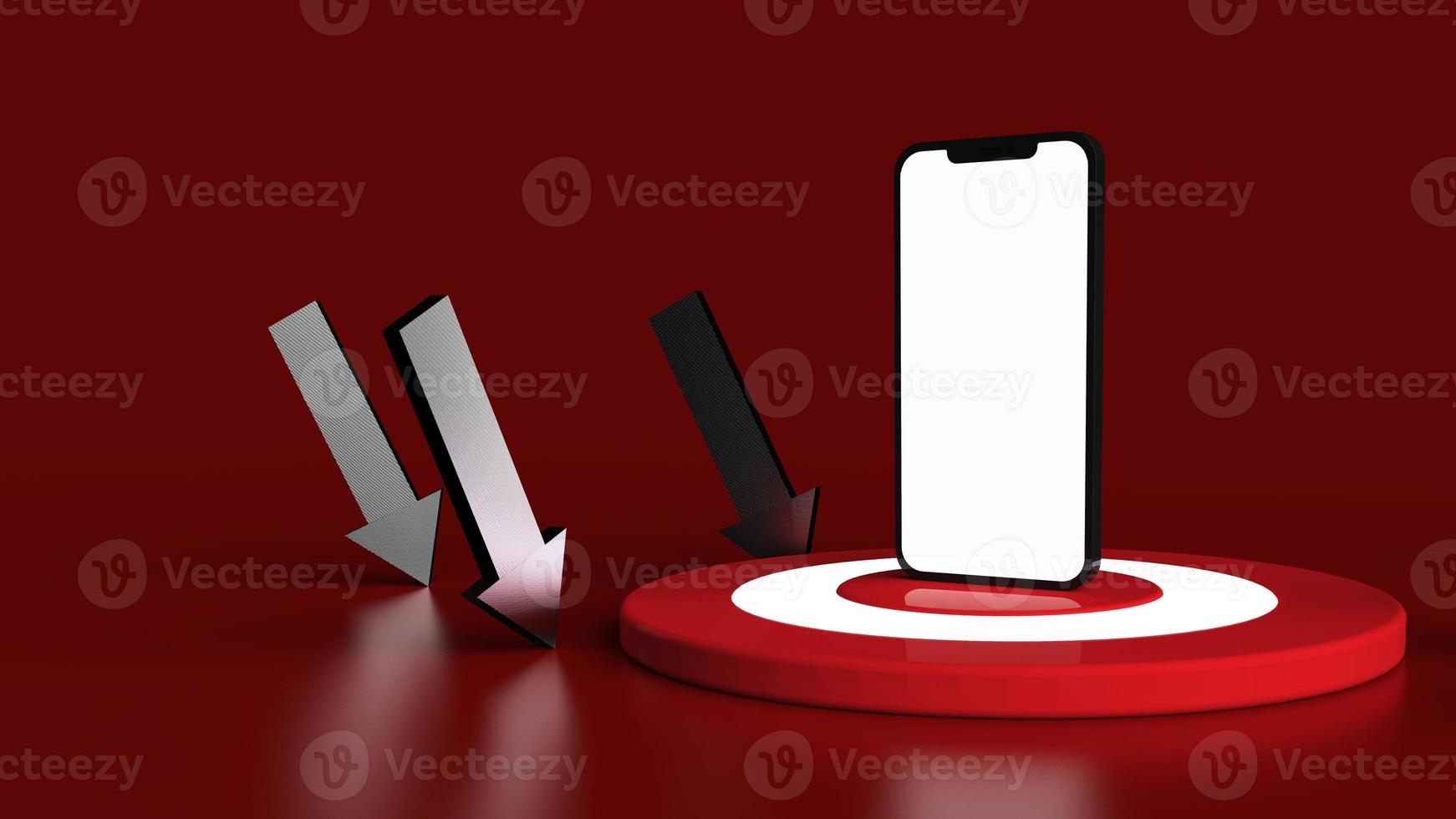 smartphone sur la cible sur fond rouge. Illustration 3D. photo