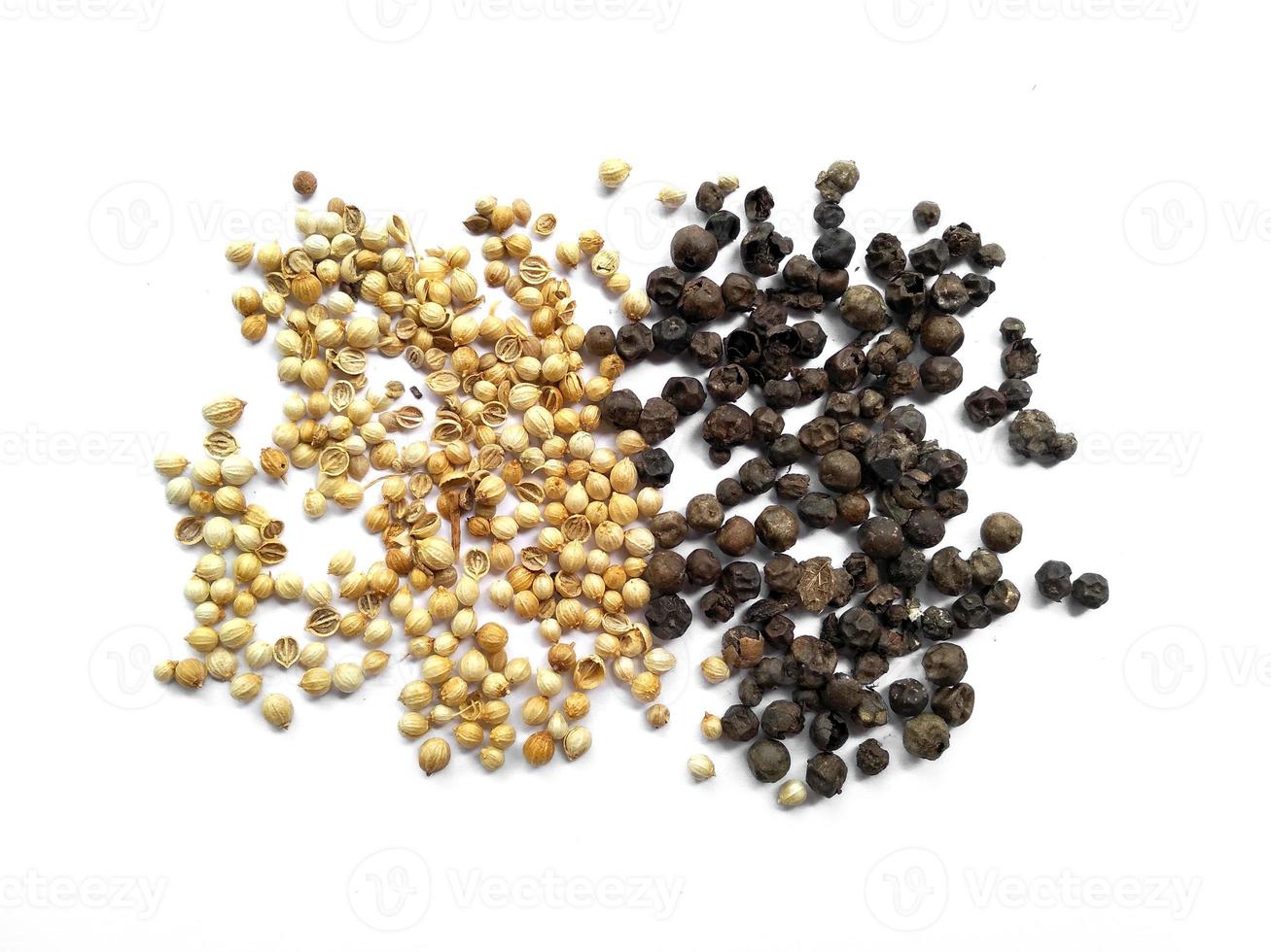 graines de coriandre et poivre noir sur fond blanc photo