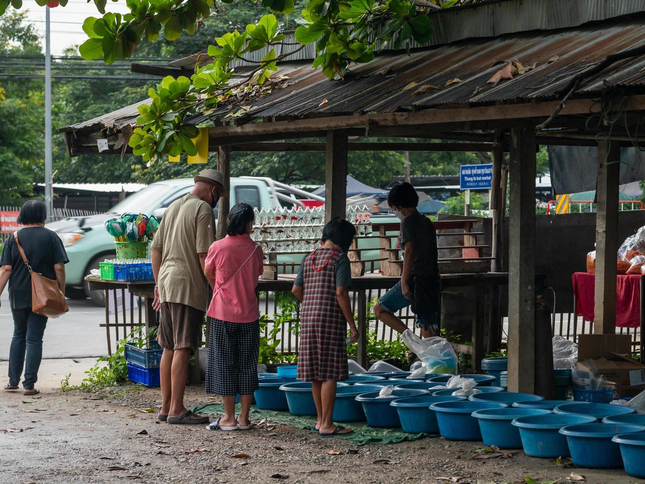 province de chiang mai, thaïlande, 2021 - marché aux puces du samedi dans le district de san pa tong, les gens se rassemblent devant un vendeur de poissons d'ornement. photo