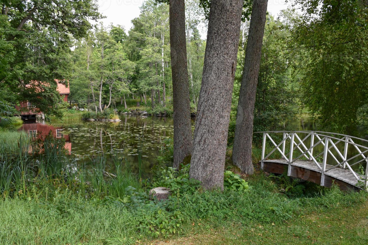 lieu forestier paisible avec une cabane suédoise rouge typique et un pont en bois sur un lac photo