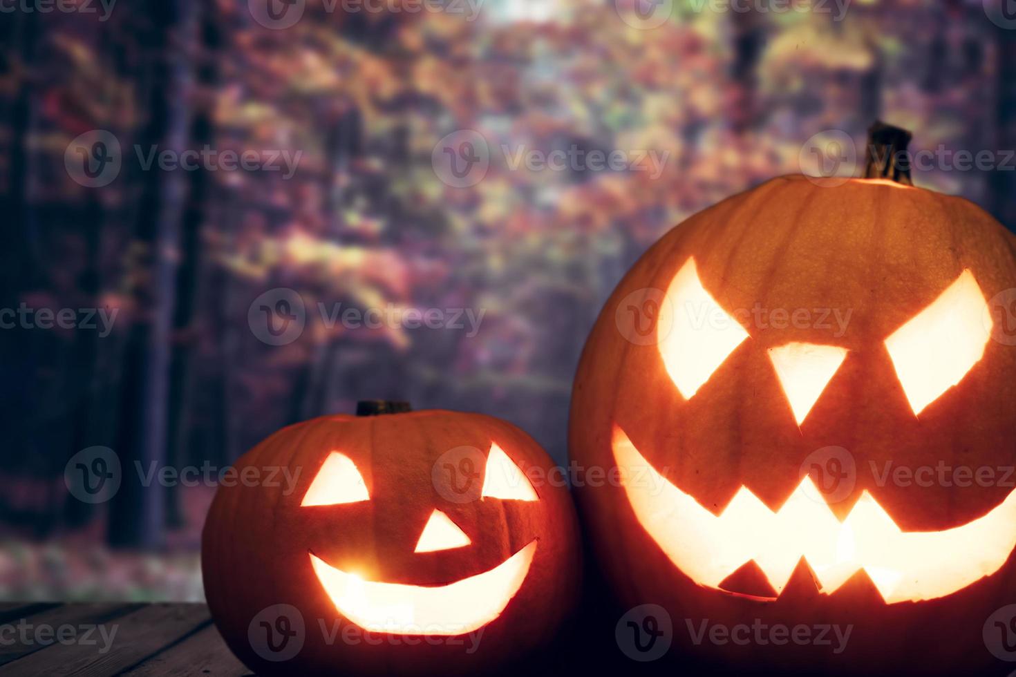 citrouilles d'halloween sur fond de forêt d'automne photo