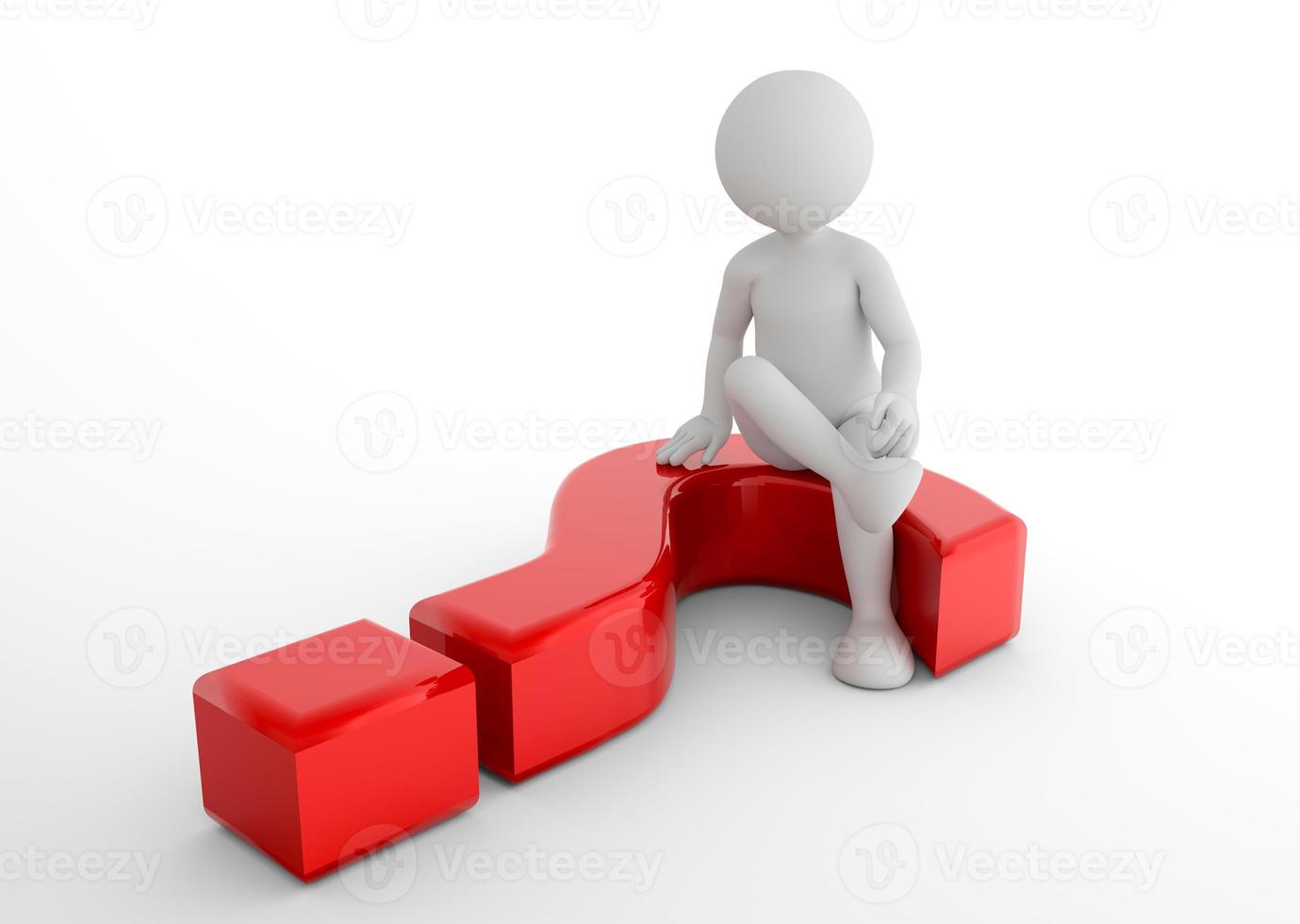 toon homme assis sur un point d'interrogation 3d. FAQ, demander, rechercher des concepts photo