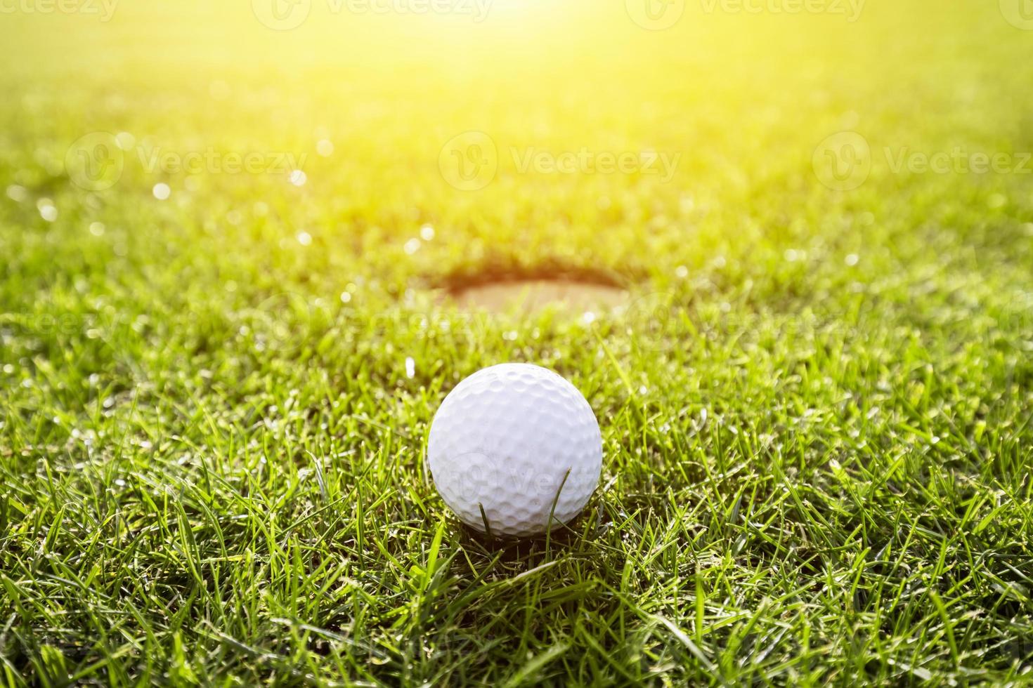 balle de golf sur une herbe. ensoleillement photo