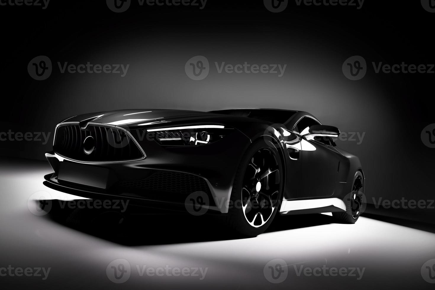 voiture de sport noire moderne sous les projecteurs sur fond noir. photo