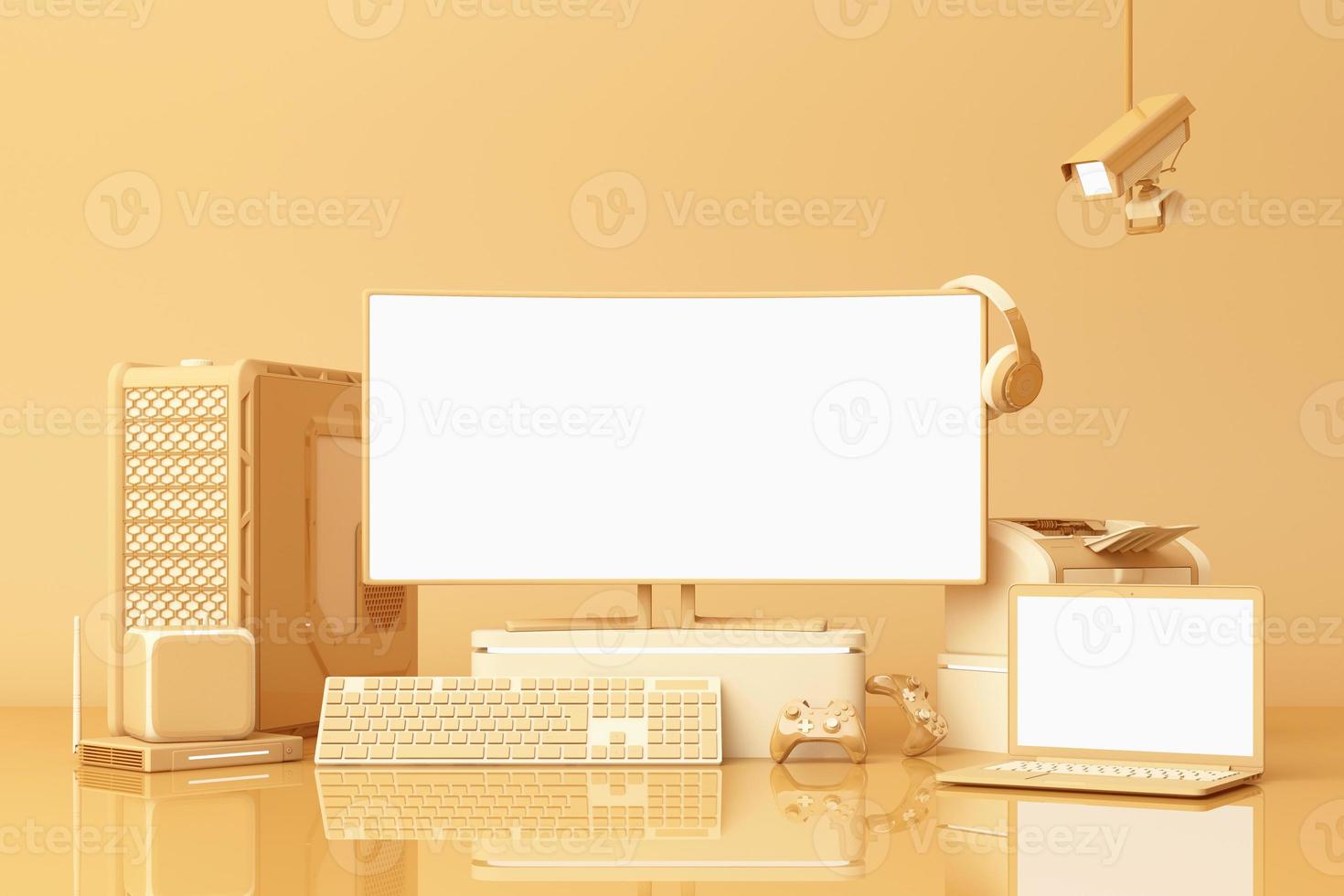ordinateur et écran blanc loptop avec de nombreux gadgets sur teble dans des tons pastel. rendu 3d photo
