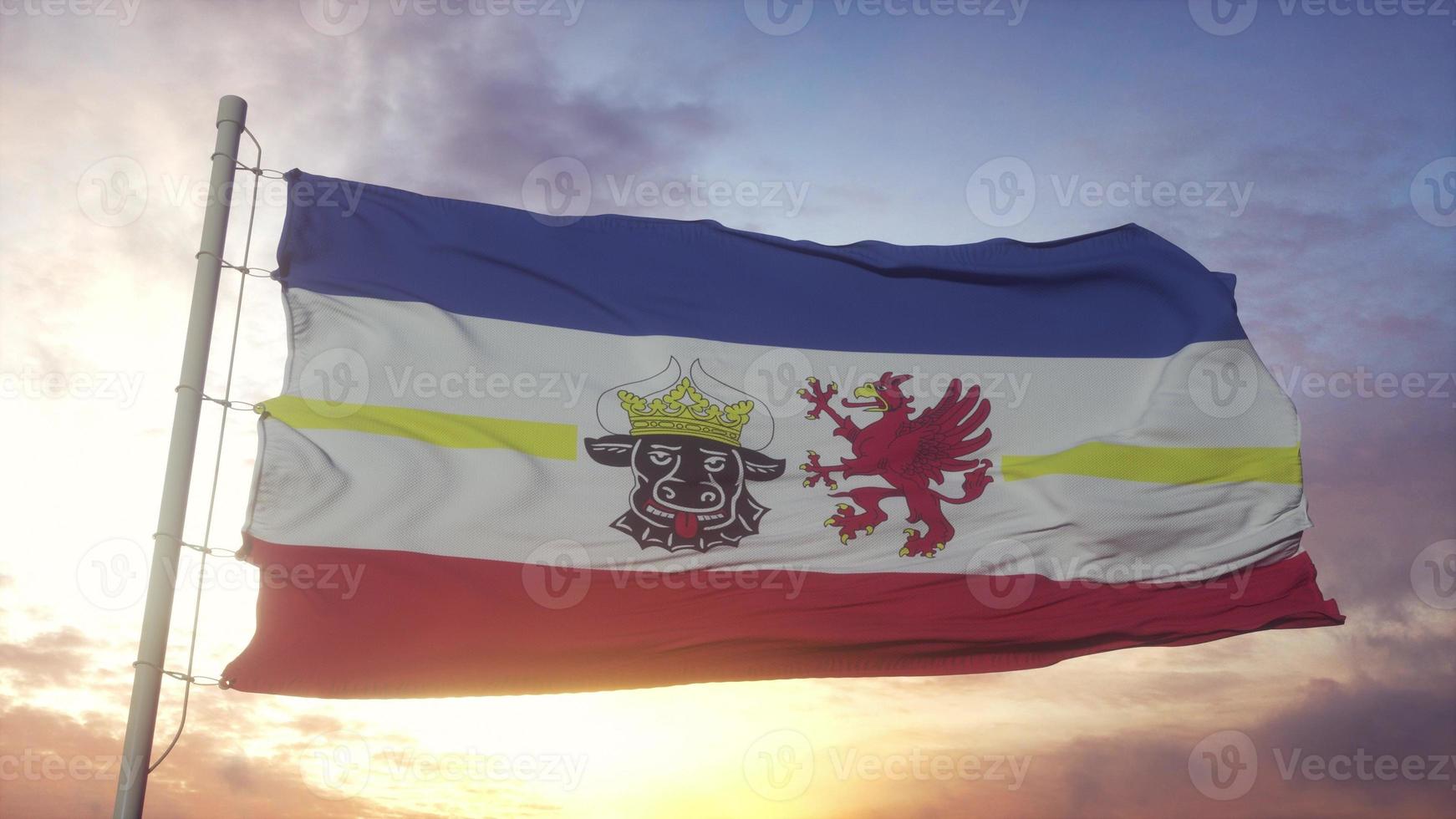 drapeau de mecklembourg-poméranie occidentale, allemagne, ondulant dans le vent, le ciel et le fond du soleil. rendu 3d photo