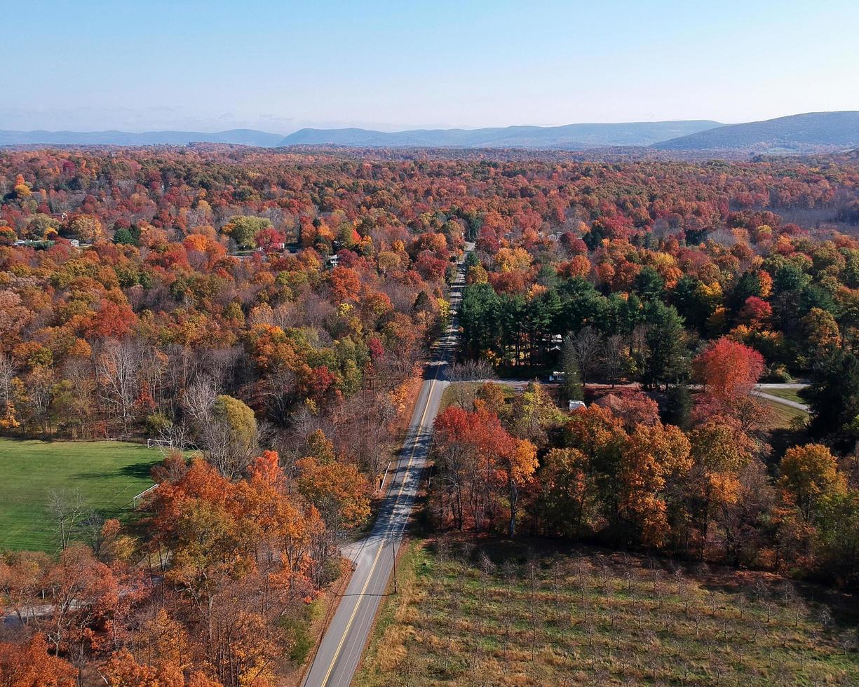 photo aérienne par drone d'une route de campagne à l'automne