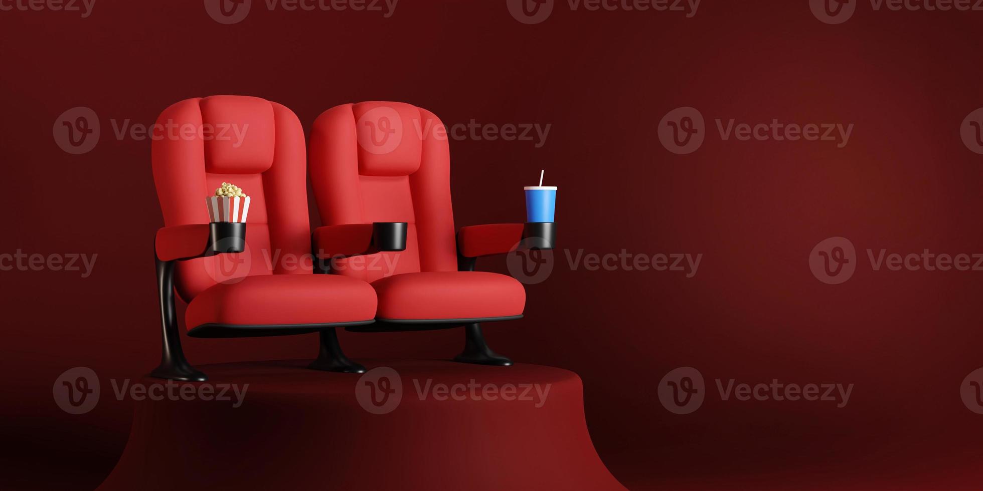couple de sièges de cinéma debout sur le tapis rouge. acheter un concept de billet de cinéma, soirée cinéma. rendu 3d. photo