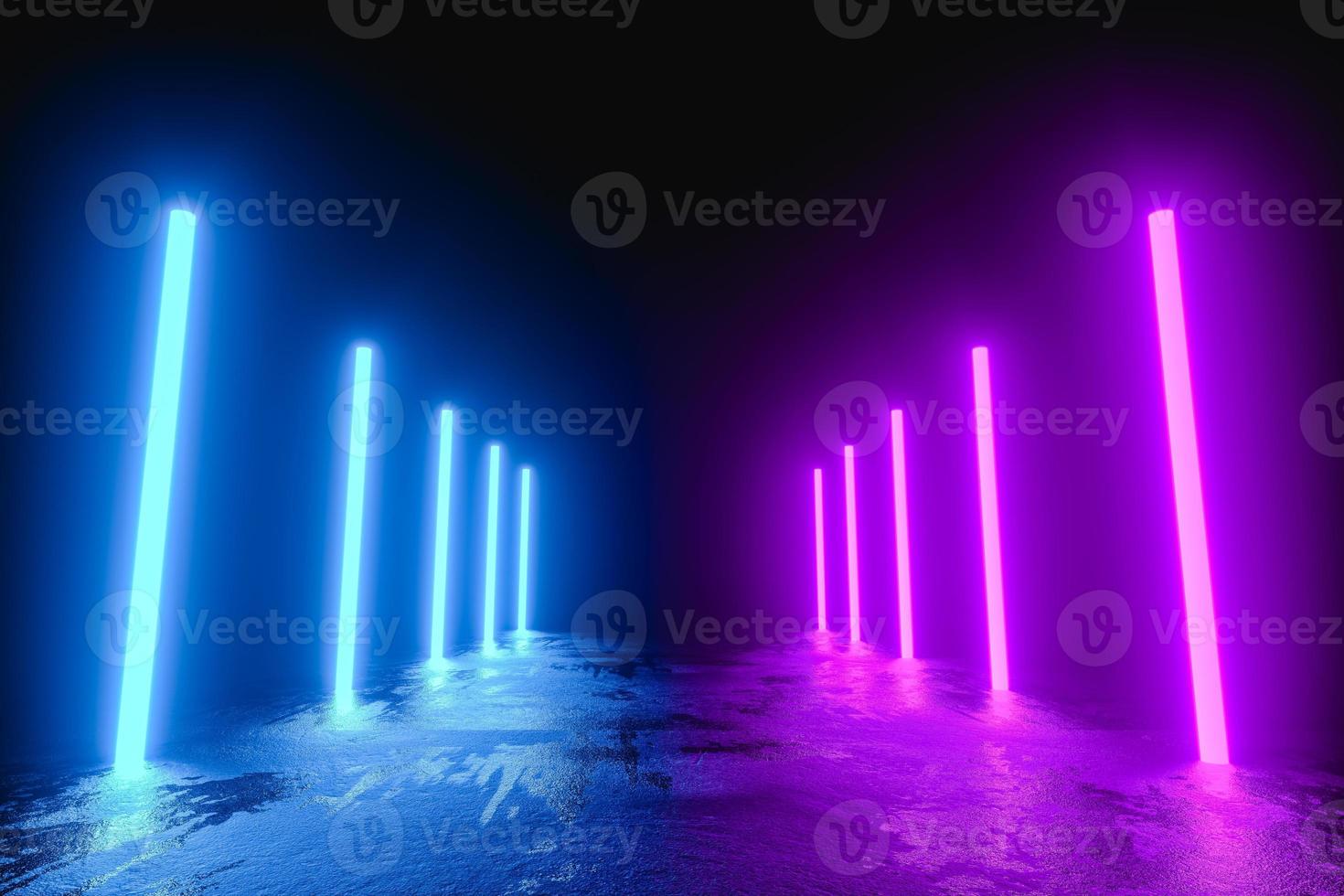 Illustration 3D. couloir futuriste en béton avec néons bleus et violets sur le côté. photo
