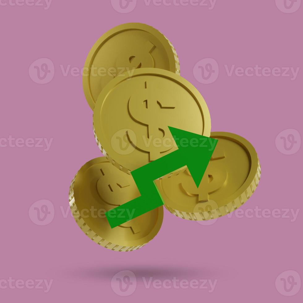 pièce de monnaie symbole dollar avec flèche vers le haut, le concept de taux de change de la devise américaine est à la hausse, rendu 3d photo