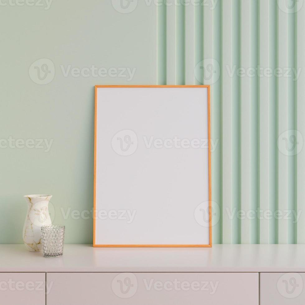 affiche verticale en bois moderne et minimaliste ou maquette de cadre photo sur la table dans le salon. rendu 3d.