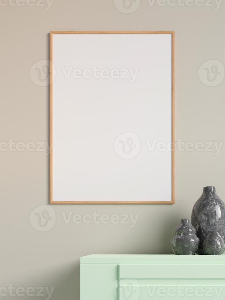 affiche verticale en bois moderne et minimaliste ou maquette de cadre photo sur le mur du salon. rendu 3d.