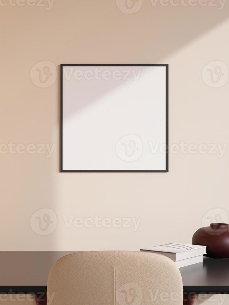 affiche noire carrée moderne et minimaliste ou maquette de cadre photo sur le mur du salon. rendu 3d.