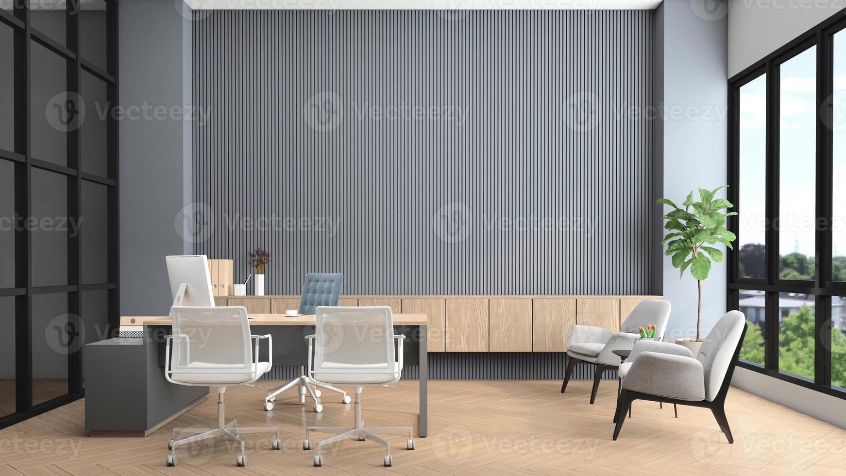 salle de direction moderne avec bureau et ordinateur, fauteuil, mur de lattes grises et armoire en bois intégrée. rendu 3d photo