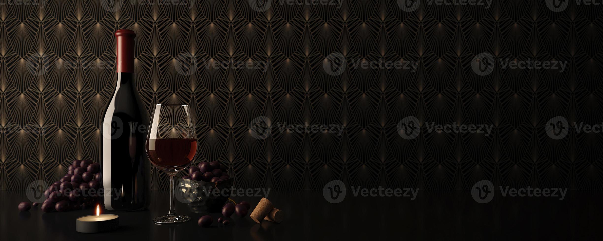 vin.bouteille et verre de vin rouge avec raisins.rendu 3d photo