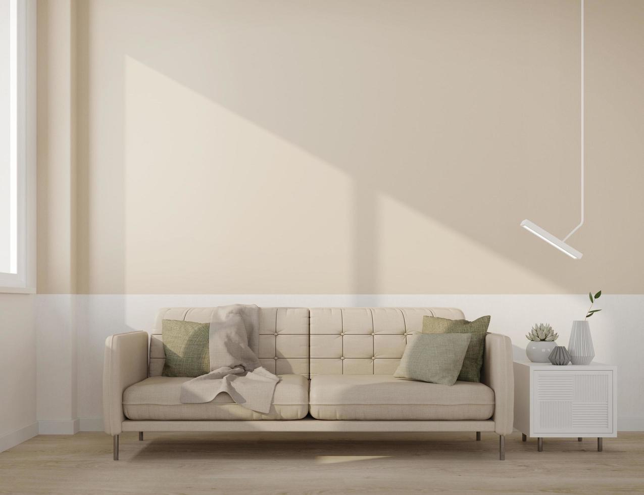 salle intérieure de style moderne avec canapé, table, lampe et fond de mur marron rendu 3d photo