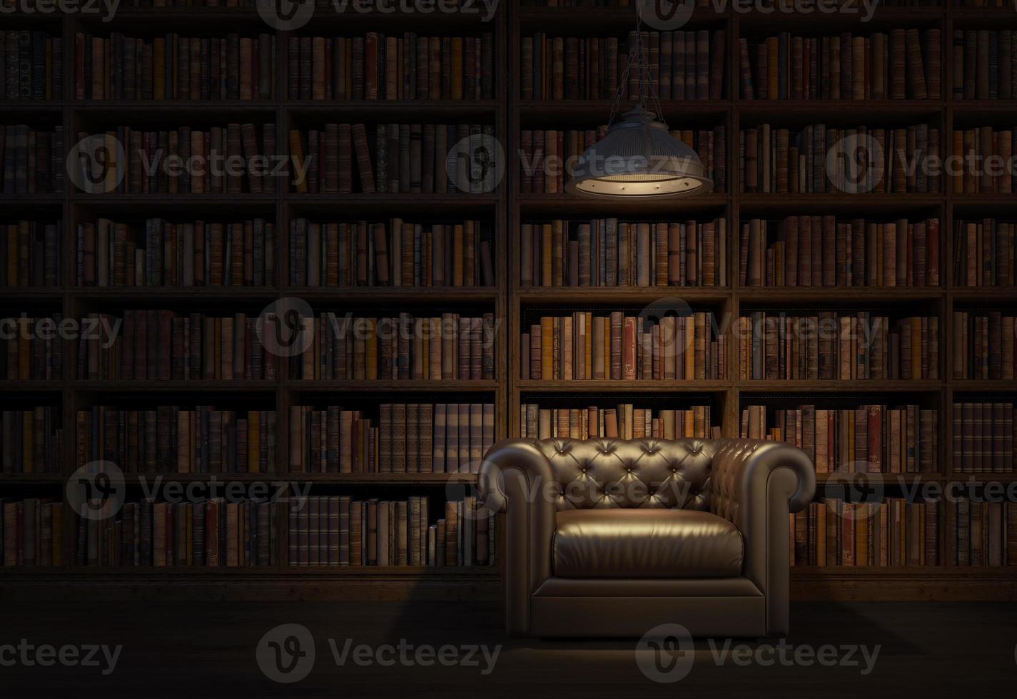 salle de lecture dans l'ancienne bibliothèque ou maison.fauteuil en cuir de style vintage avec plafonnier.salle de scène de nuit.rendu 3d photo