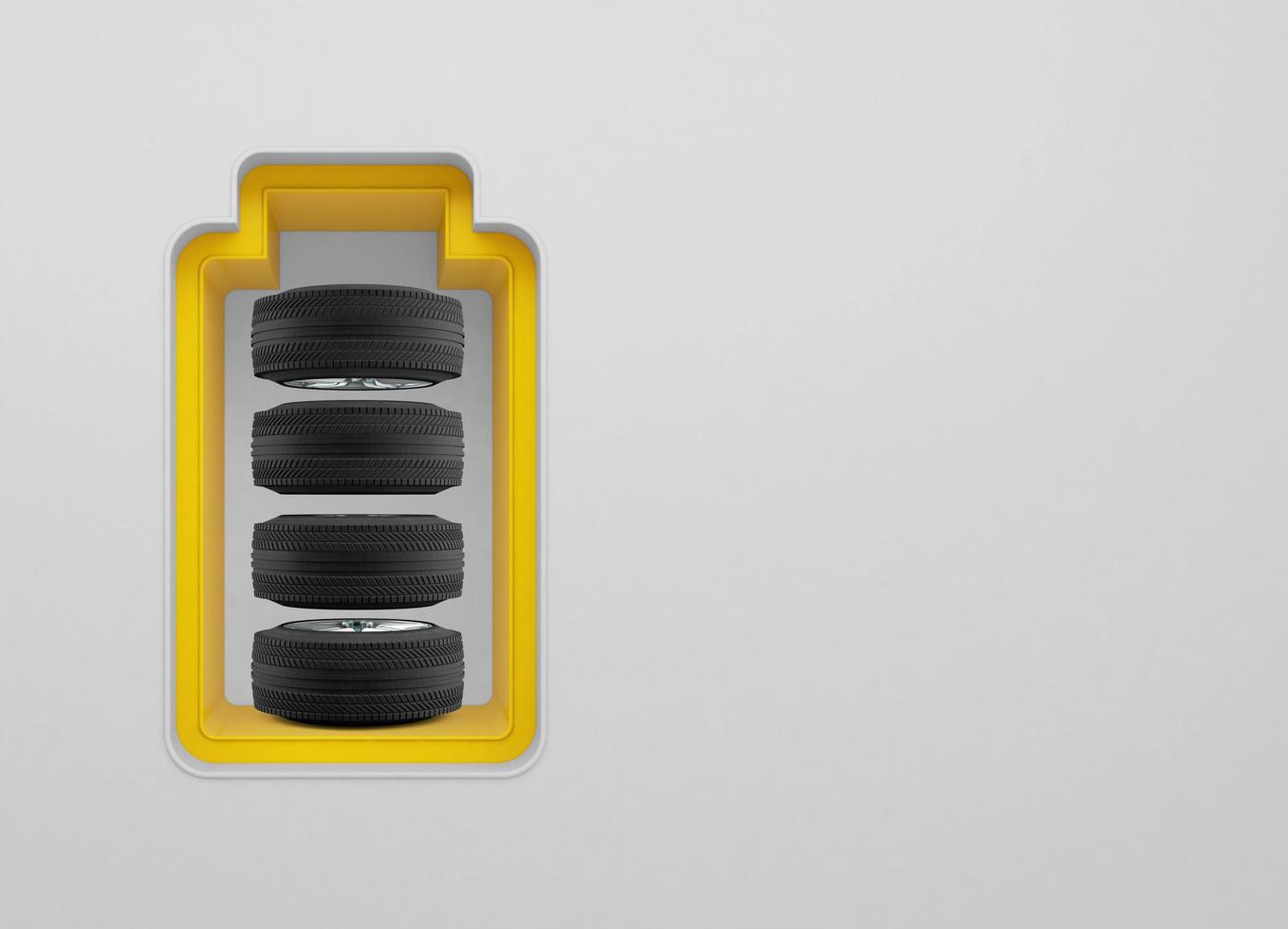 icône de batterie avec 4 pneus à l'intérieur sur fond blanc.concept de puissance de voiture.rendu 3d photo
