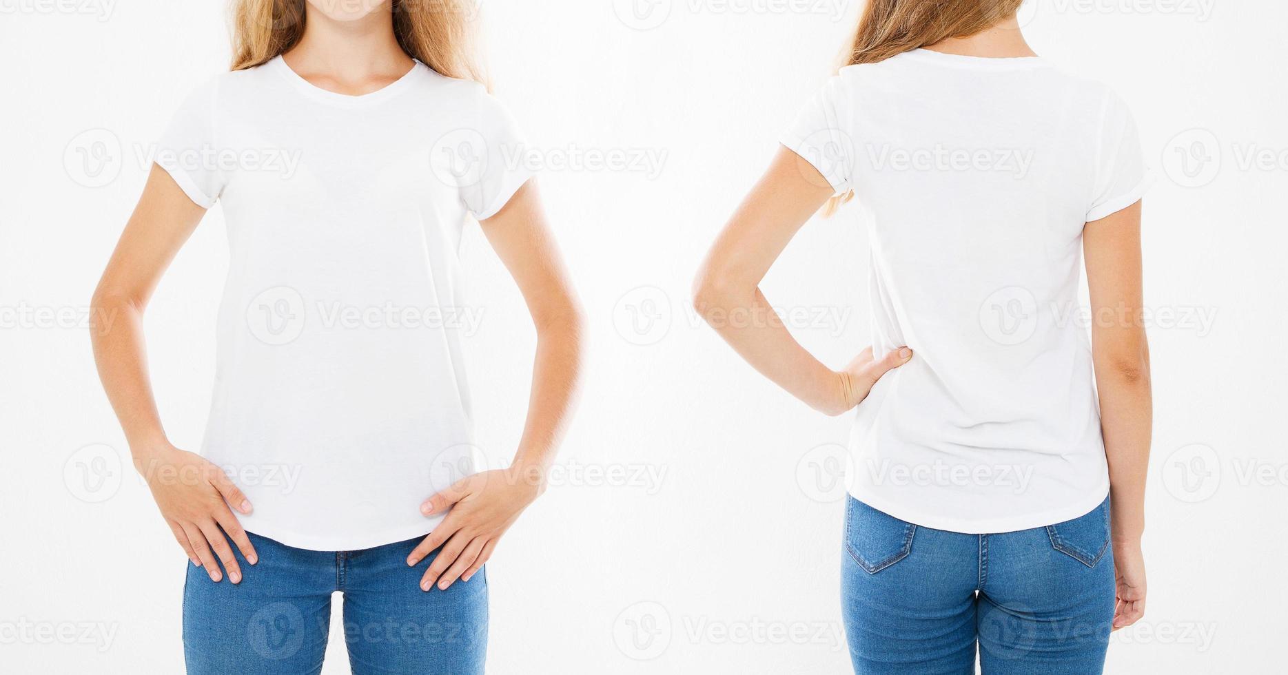 portrait recadré vues avant et arrière femme, fille en t-shirt isolé sur fond blanc, ensemble t-shirt photo