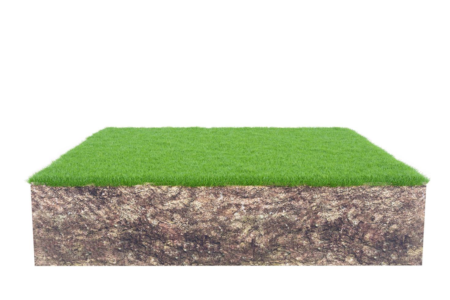 herbe verte avec coupe transversale de la géologie des terres du sol isolée sur fond blanc, rendu 3d photo