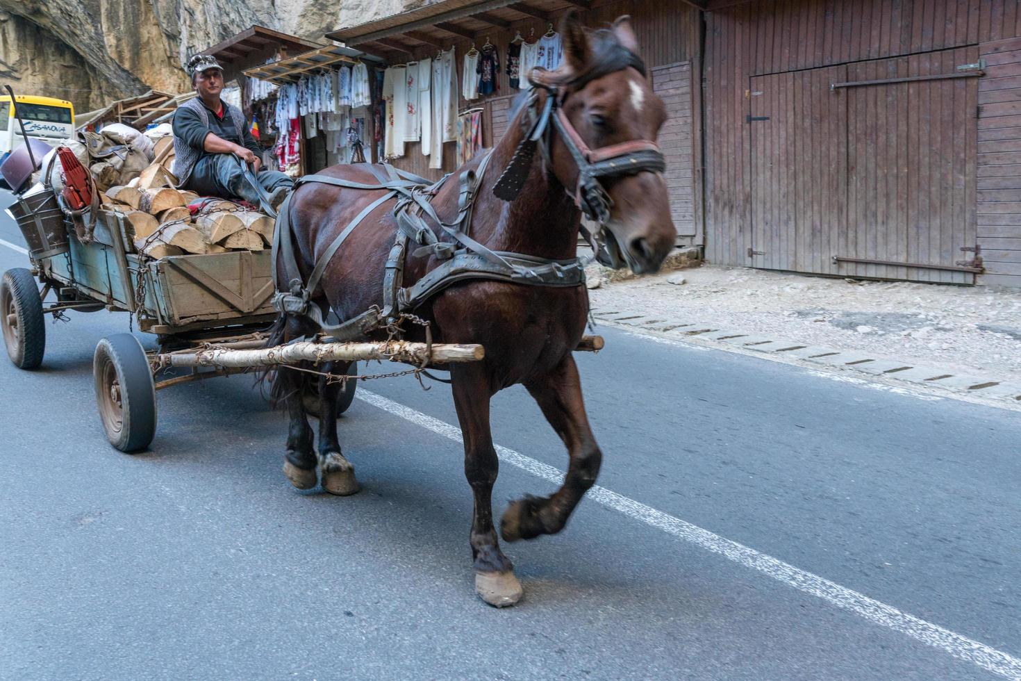 homme avec cheval et chariot à la gorge de bicaz en moldavie roumanie le 19 septembre 2018 photo