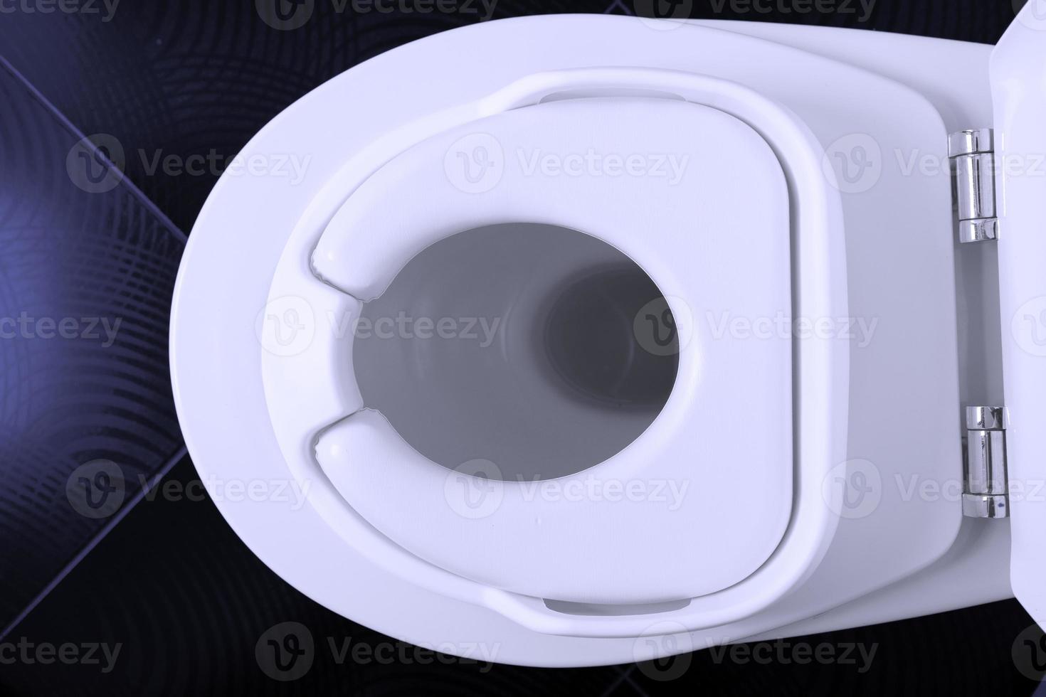 gros plan d'un siège de toilette pour bébé de couleur blanche, sur une cuvette de toilette blanche dans des toilettes avec un sol carrelé noir. photo