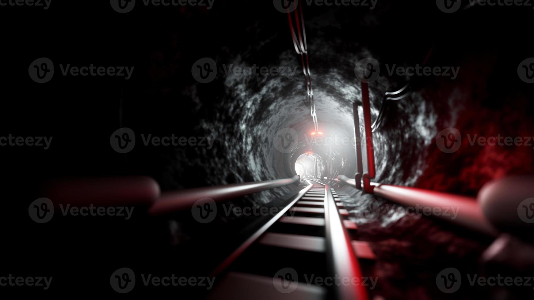 Tunnel ferroviaire en pierre noire de rendu 3d avec lumière à la fin. photo