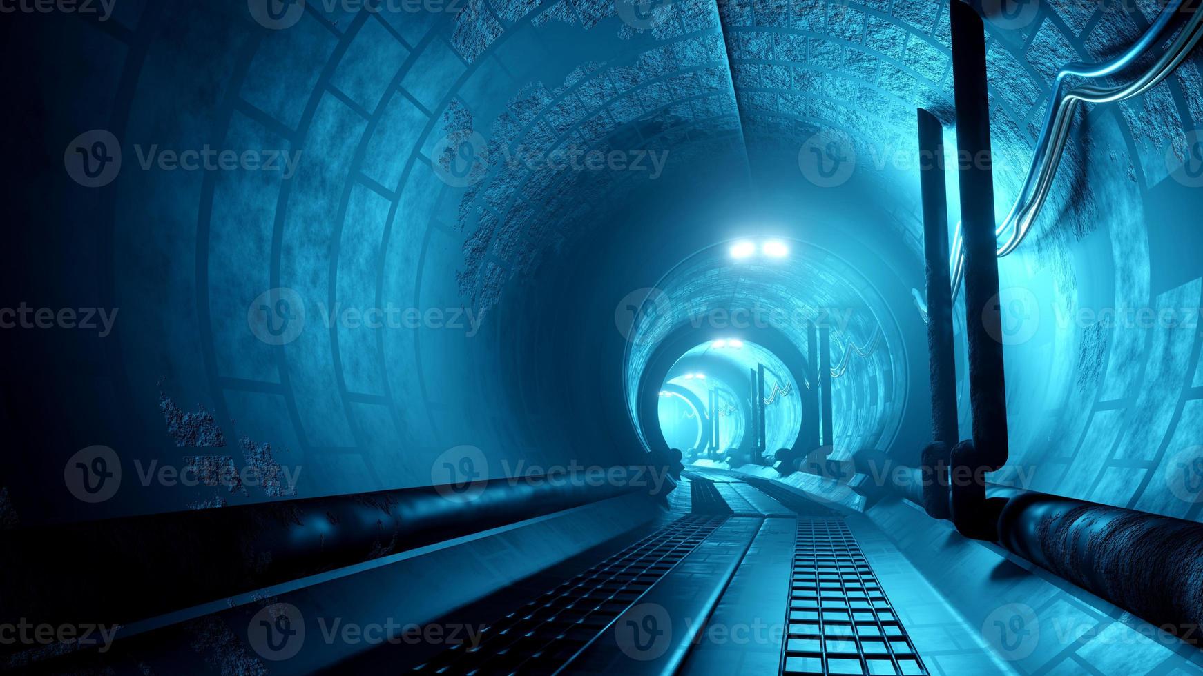 Tunnel souterrain de rendu 3d illuminé à la fin. photo