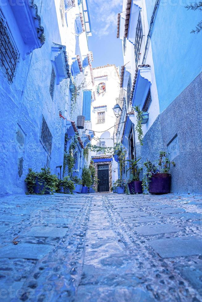 ruelle étroite de la ville bleue avec des plantes en pot menant à des structures résidentielles des deux côtés photo