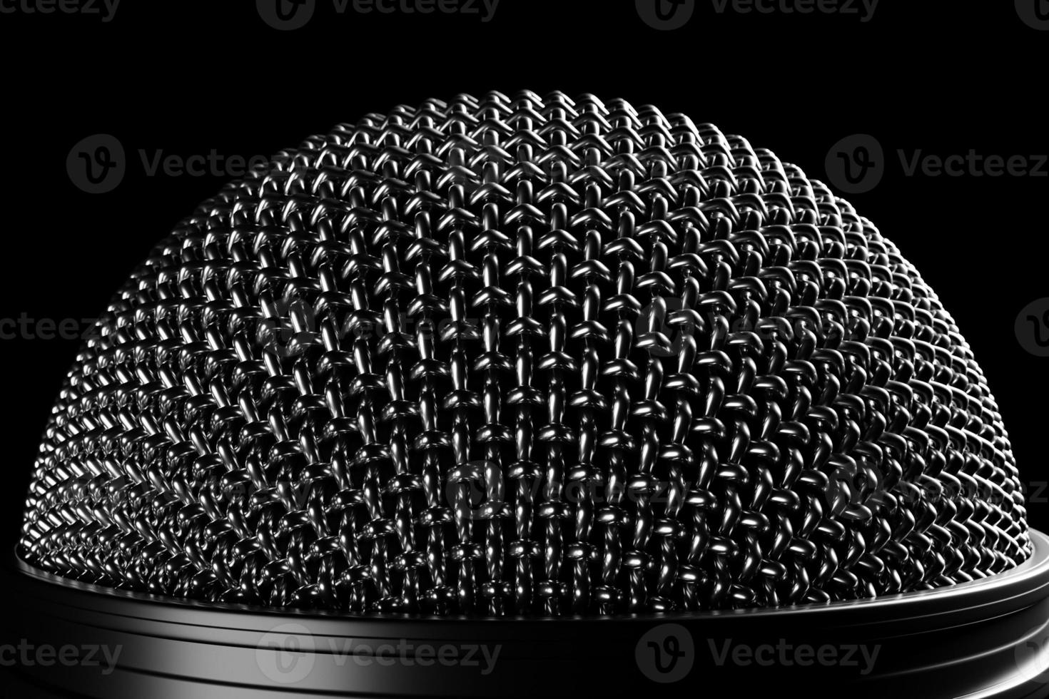 3d illustration gros plan d'un microphone métallique sur fond noir photo