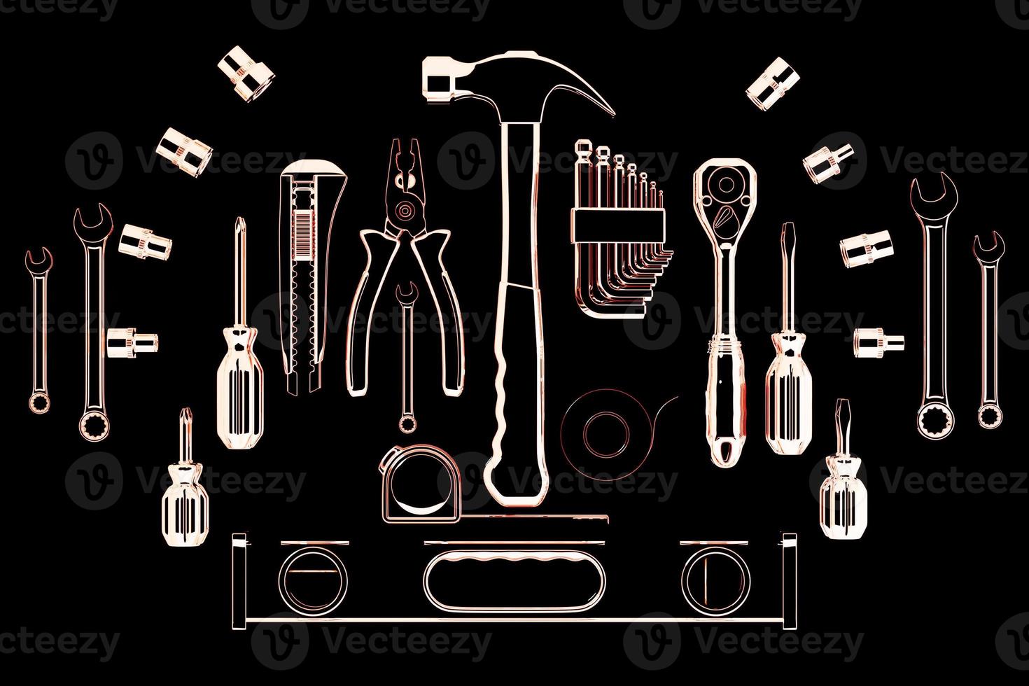 divers outils de travail blancs pour la construction, réparation sur fond noir. tournevis, niveau, ruban électrique, marteau, couteau, ciseaux, clé, etc. illustration 3d photo