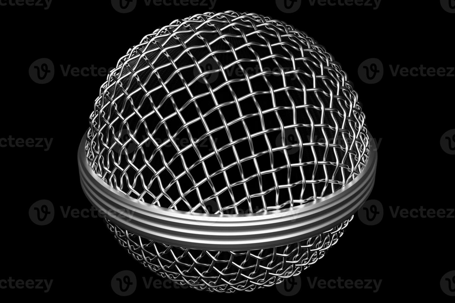 3d illustration gros plan d'un microphone métallique sur fond noir photo